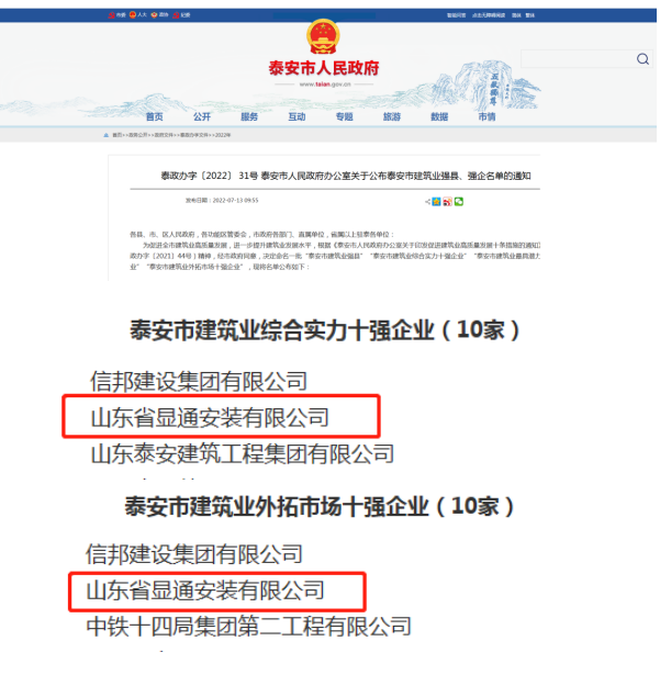 公司榮獲“泰安市建筑業(yè)綜合實(shí)力十強(qiáng)企業(yè)”、“泰安市建筑業(yè)外拓市場(chǎng)十強(qiáng)企業(yè)”稱號(hào)